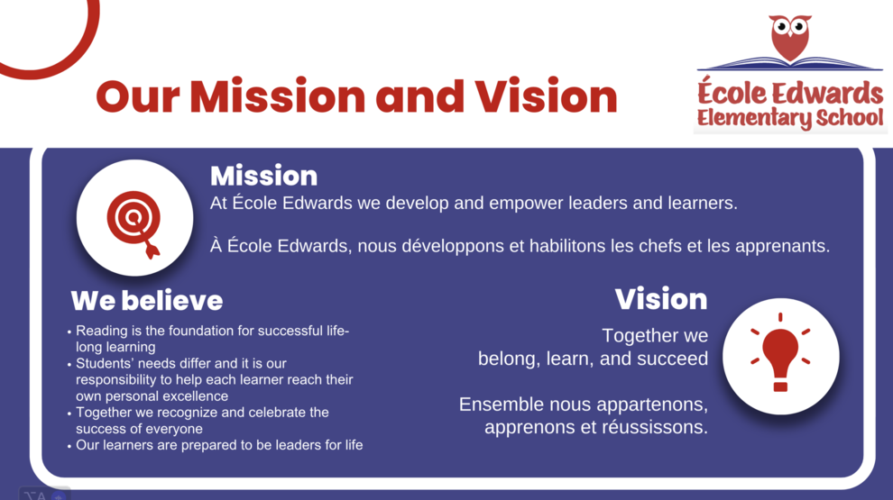 The mission and vision of Ecole Edwards Elementary School. Full text is below the image on the page.
